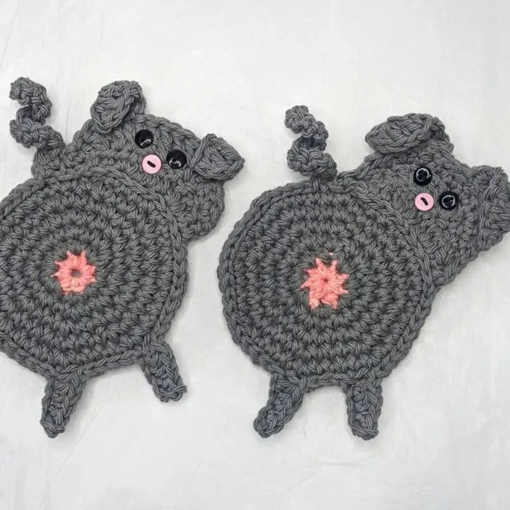 Crochet Pig Butt Coasters Hand Crafted Set of Two Peeking Piggy Table Mug Rug